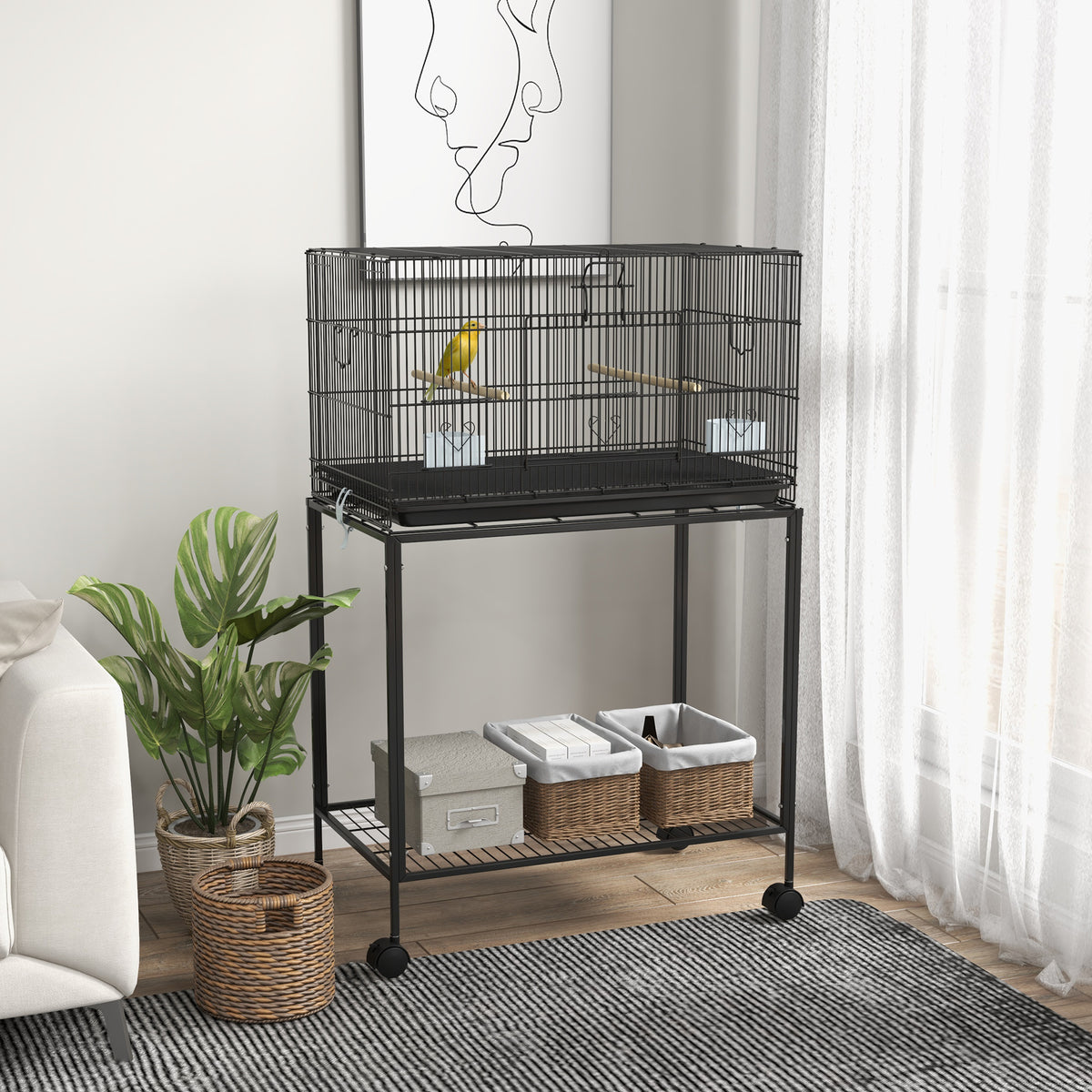 Pawhut Jaula Para Pájaros Con Ruedas 77x46x119 Cm Con Bandeja Extraíble Negro_1