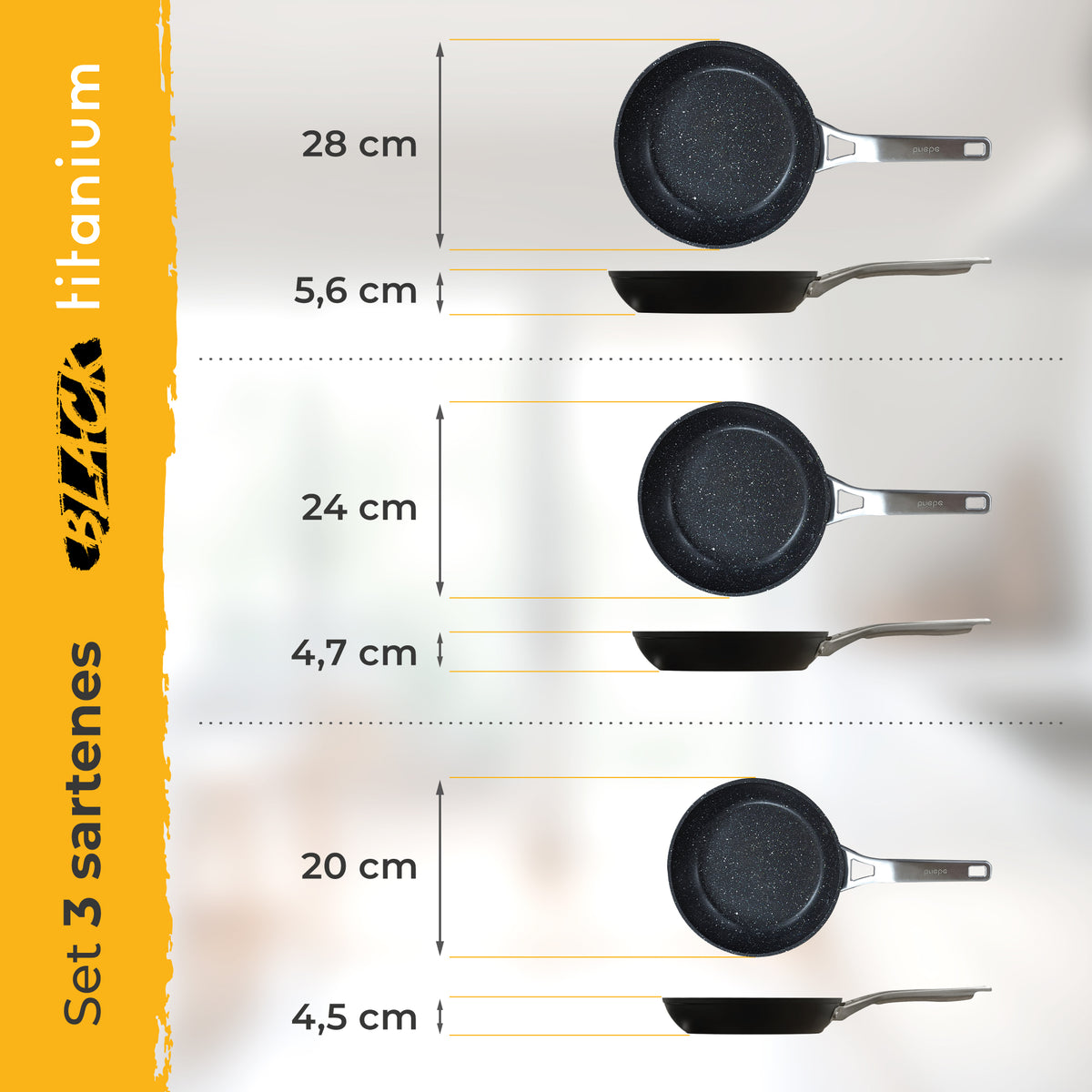 Briebe Set 3 Sartenes Antiadherentes Inducción Titanio 20-24-28cm, Aluminio Forjado Antiadherente, Black Titanium_4