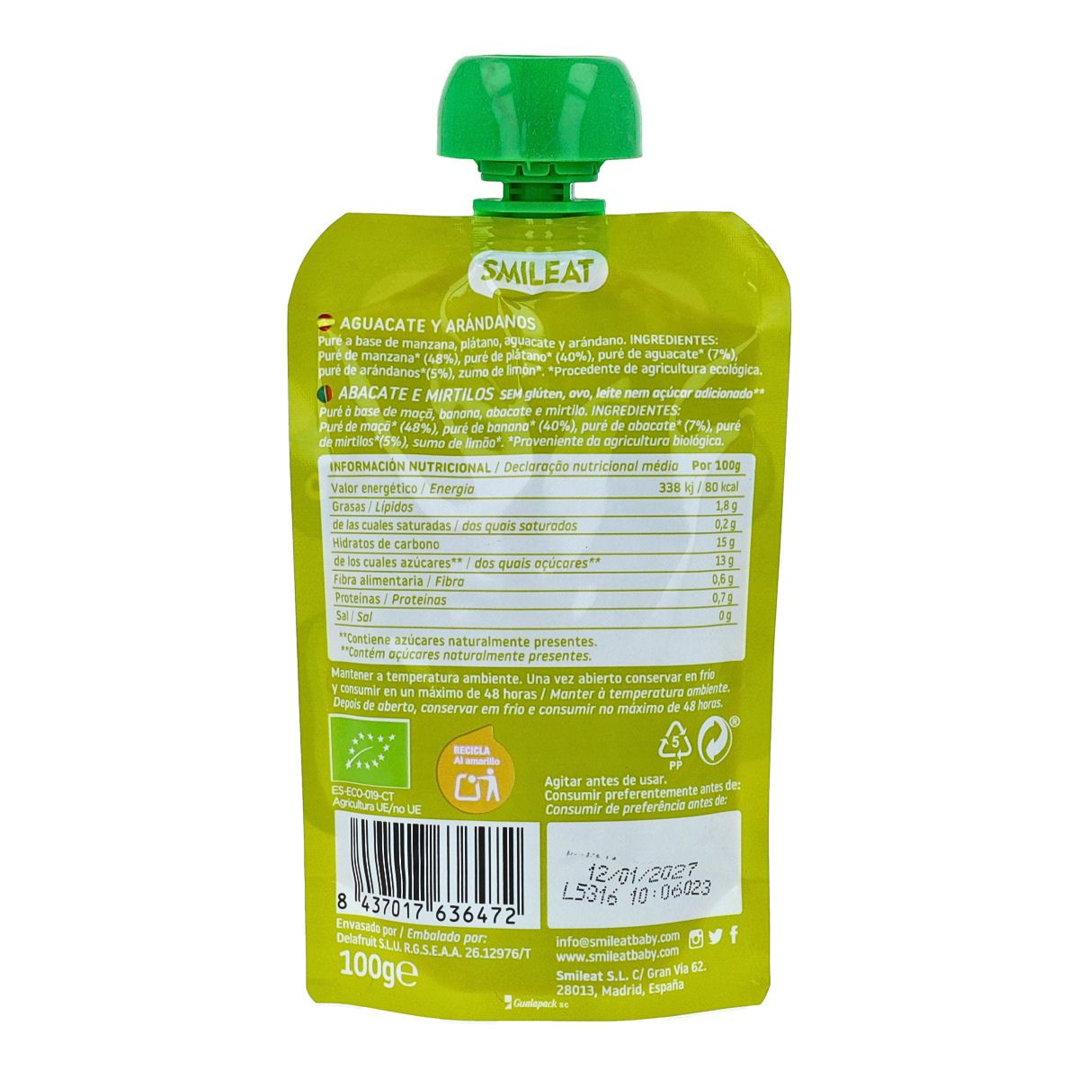 Pouch aguacate y arandanos ECO Smileat, 100gr