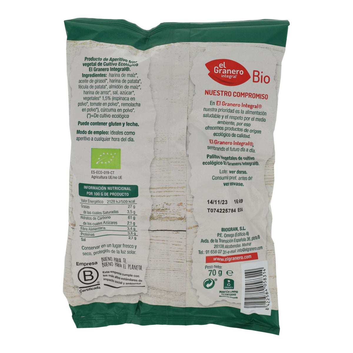 Chips Palitos vegetales BIO El Granero 70 g