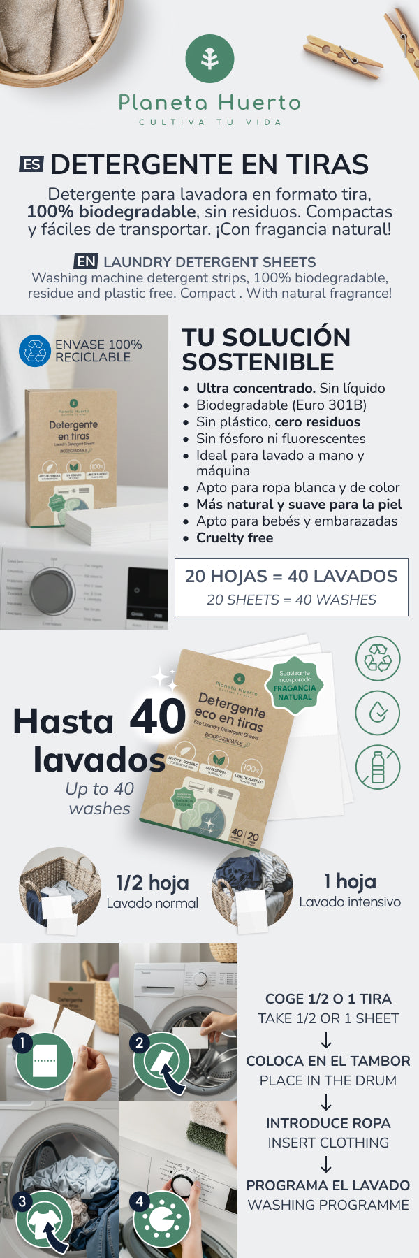 Eco-Tiras detergente y suavizante Planeta Huerto 40 lavados