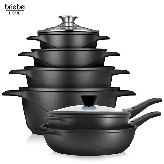 Briebe Batería De Cocina Inducción 12 Piezas Aluminio Fundido 4 Ollas 2 Sartenes Antiadherente Tapas, Mgk1219, Negro_0