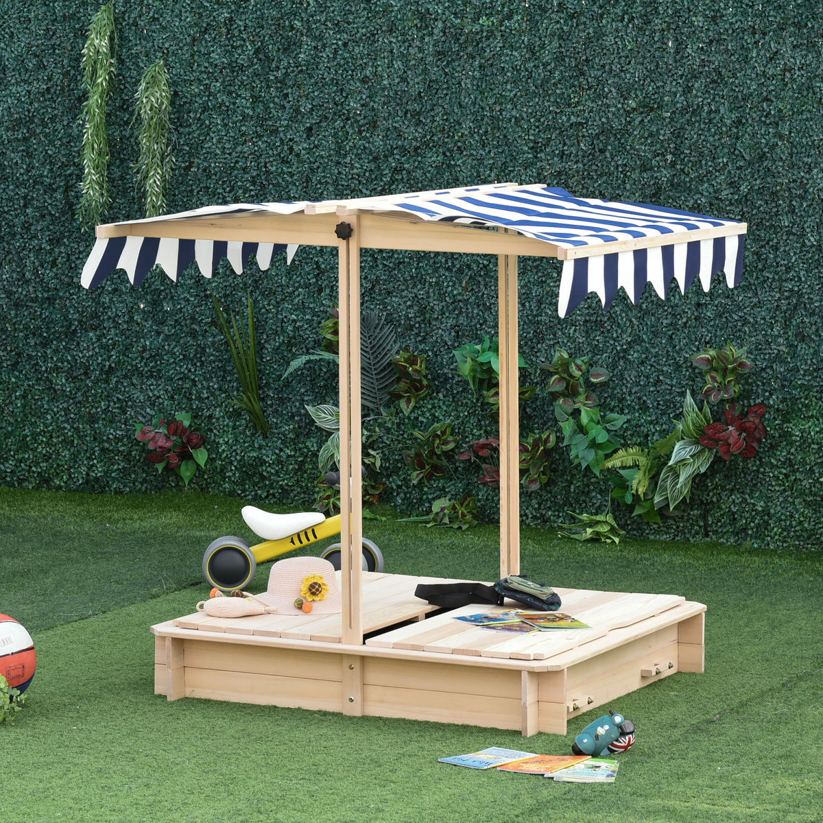 Outsunny Arenero Para Niños De Madera Con Toldo Ajustable 106x106x115 Cm_1