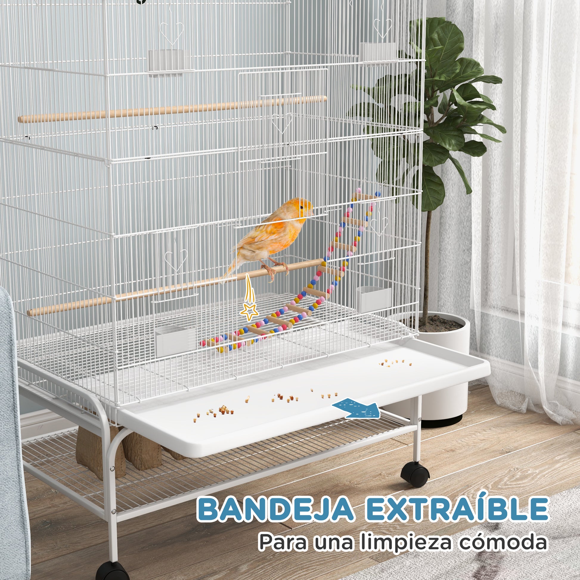 Pawhut Jaula Para Pájaros Con Ruedas Bandeja Extraíble Y Estante Inferior Blanco_5