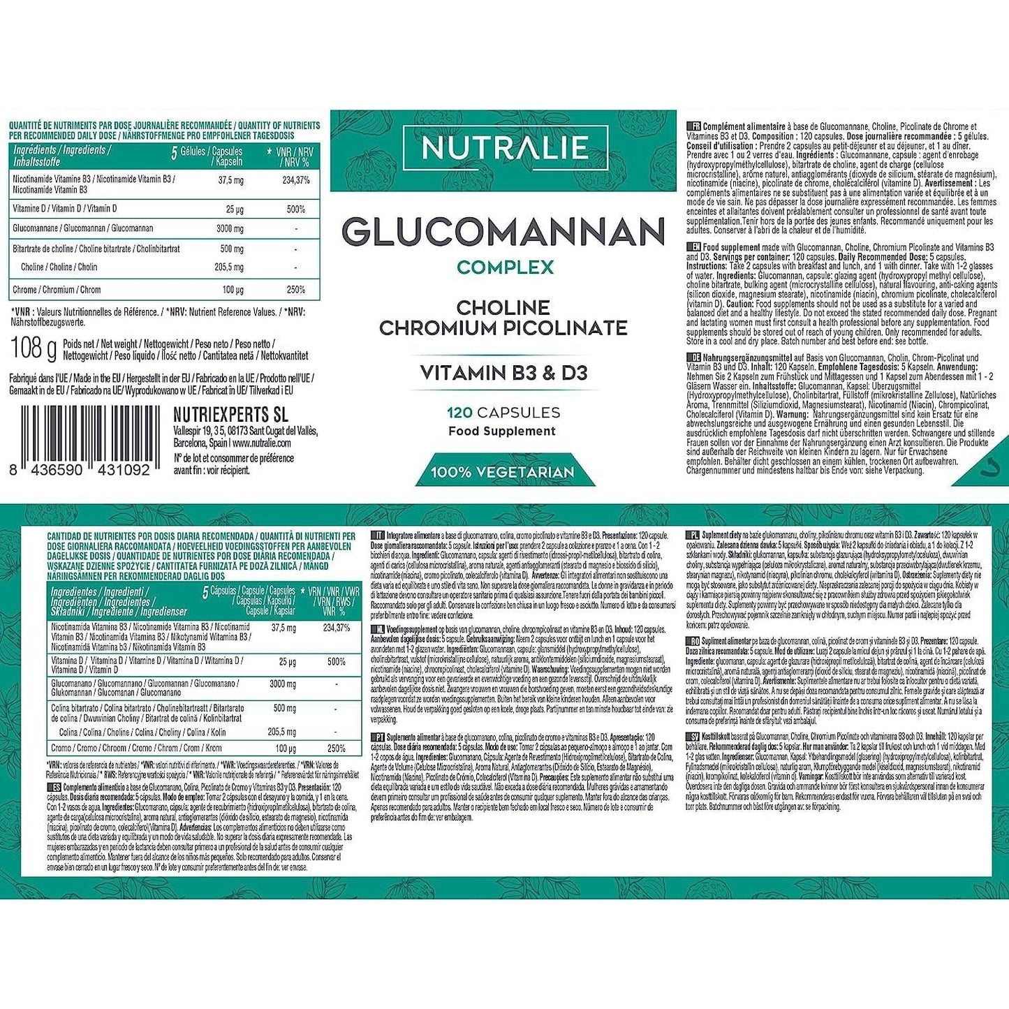 Nutralie Glucomanano con Colina + B3 + D3 Pérdida Peso 120 cápsulas