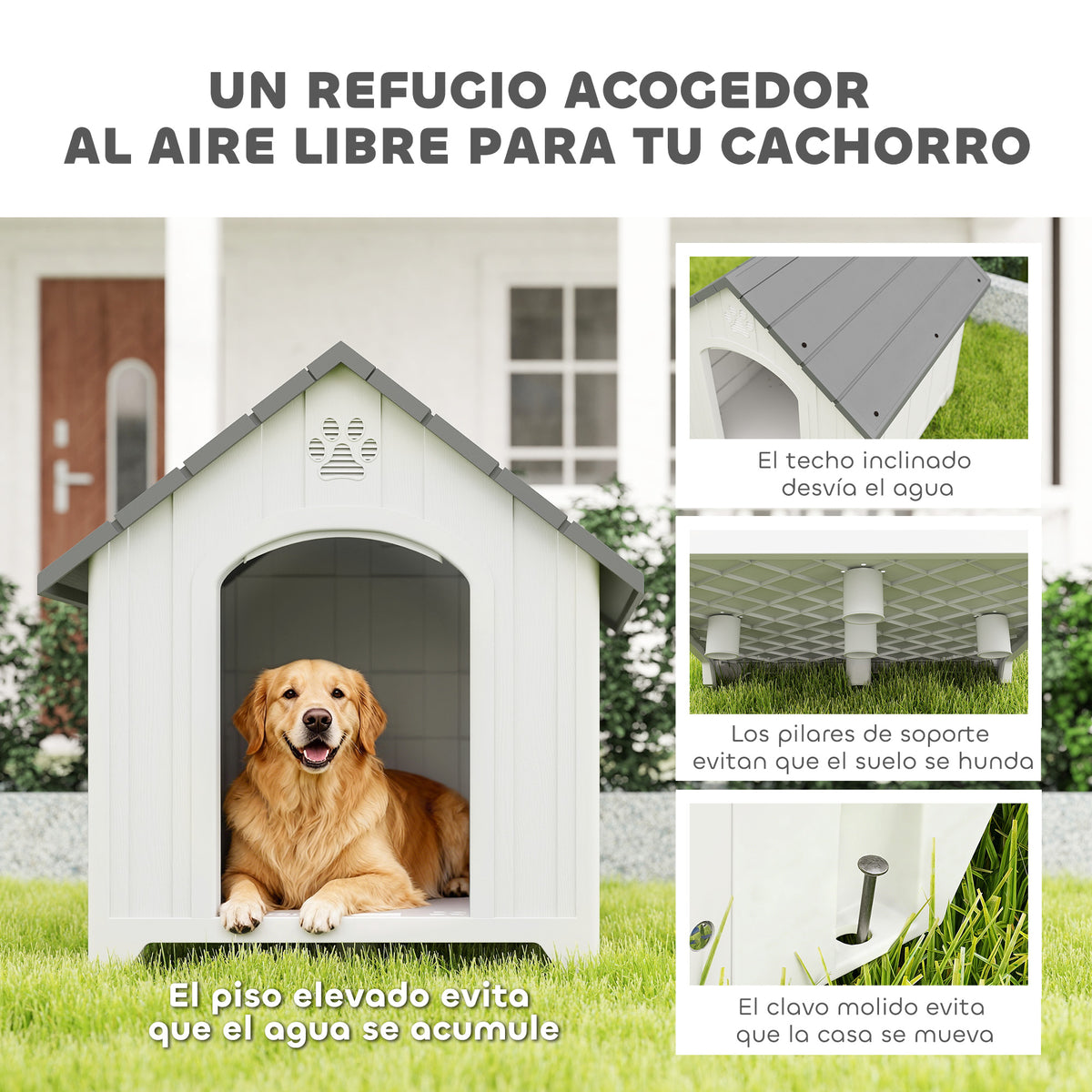 Pawhut Caseta Para Perros Grandes Exterior De Plástico Impermeable Gris_3