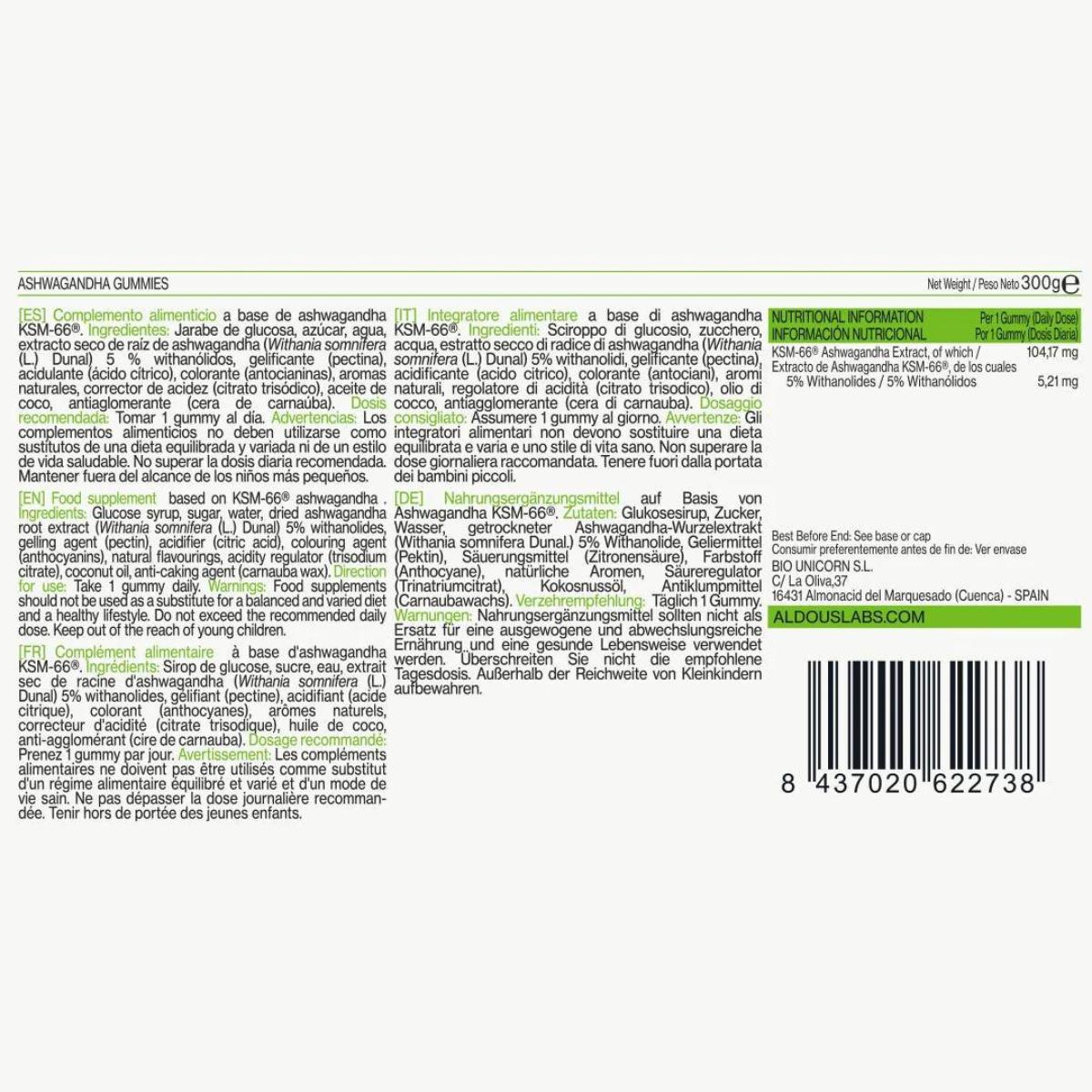 Ashwagandha en gominolas sabor cereza Aldous Bio 120 gominolas