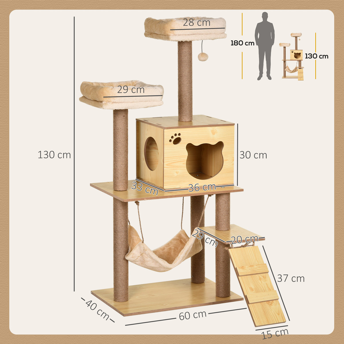 Pawhut Árbol Rascador Para Gatos Altura 130cm Con Postes De Yute Camas Amarillo_2