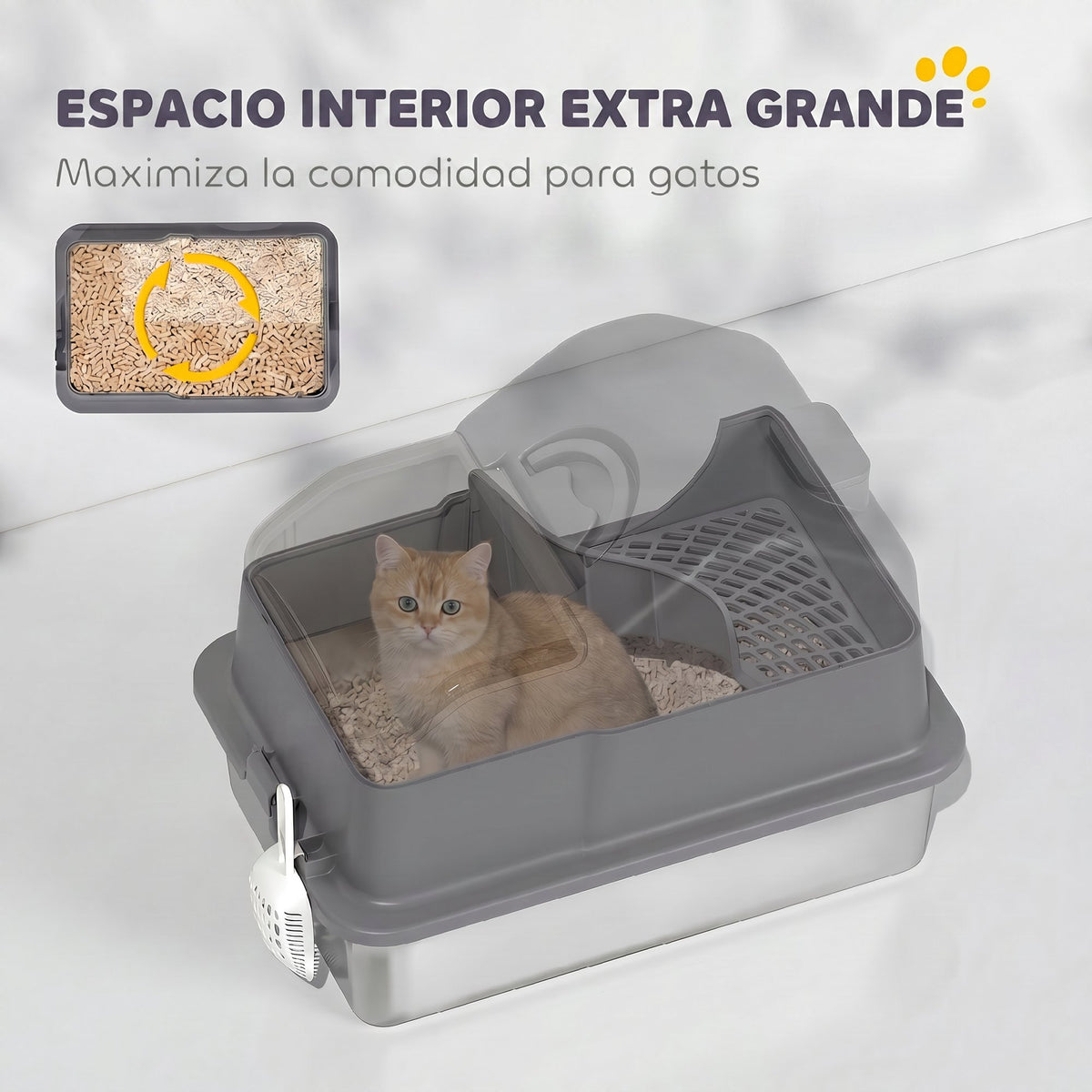 Pawhut Arenero Para Gatos Cubierto Extragrande Con Bandeja De Acero Inoxidable_4