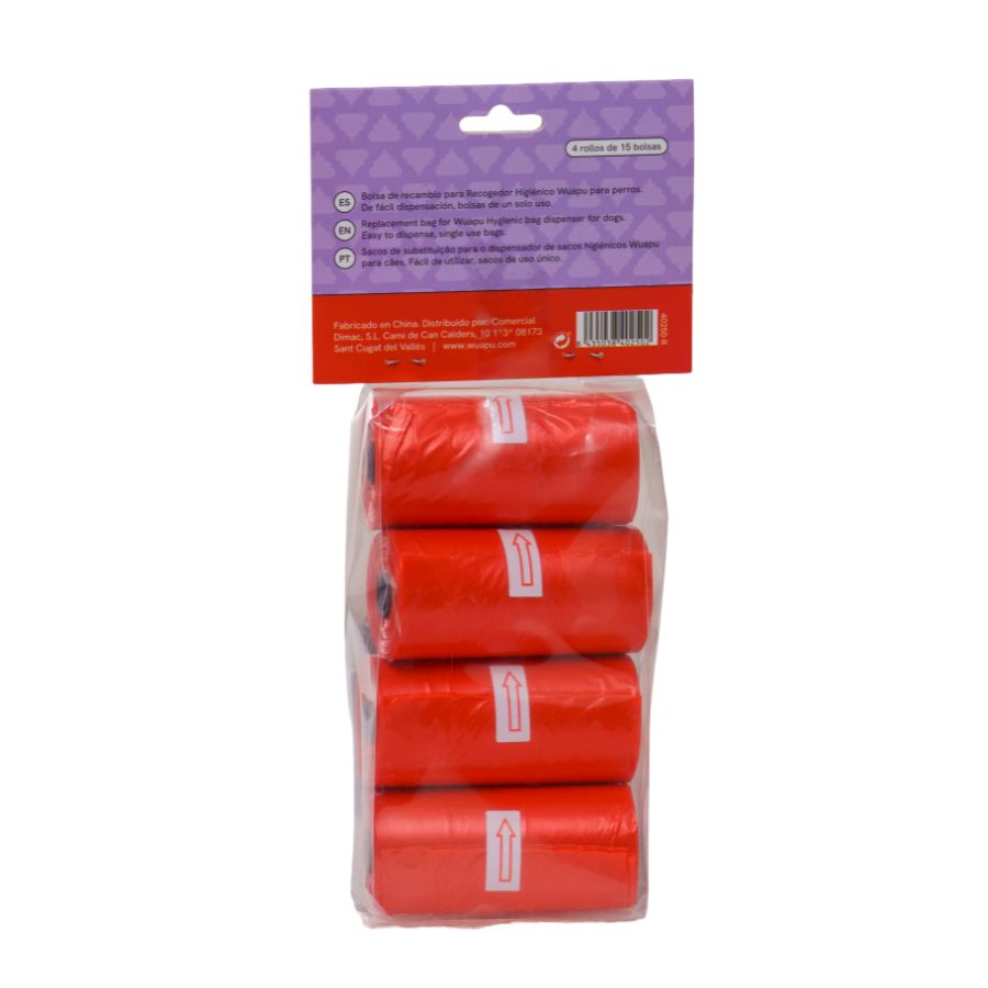 Pack 4 Rollos Color Rojo De Bolsas Higiénicas Recoge Excrementos De Perro. Rollos De 15 Bolsas_1