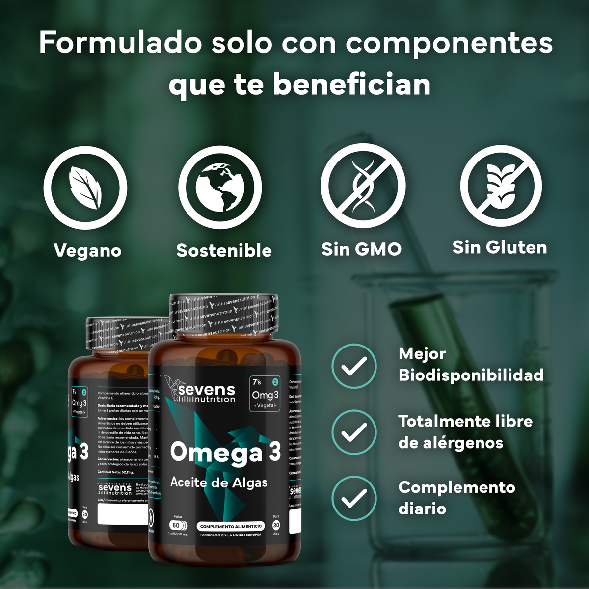 Omega 3 Vegano Sevens Nutrition. Dha Puro Para Cerebro, Visión Y Salud_3