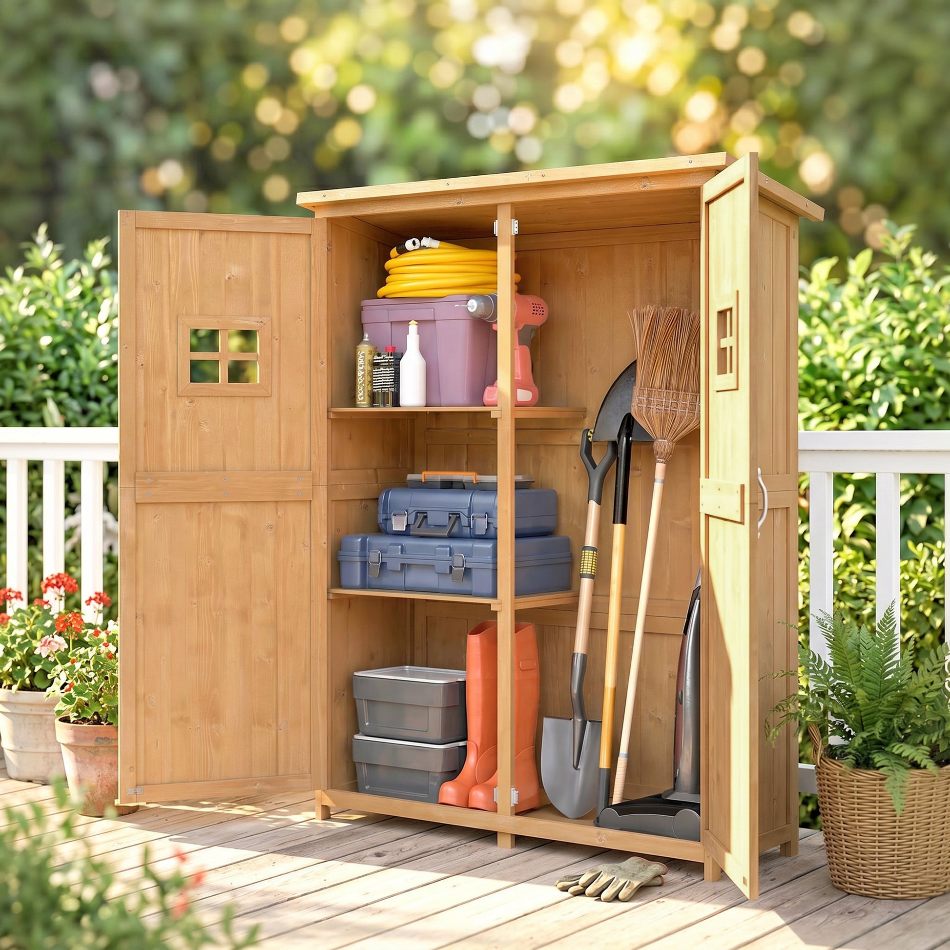 Outsunny Cobertizo De Madera Caseta Jardín Con Estantes 127,5x50x164 Cm Natural_1