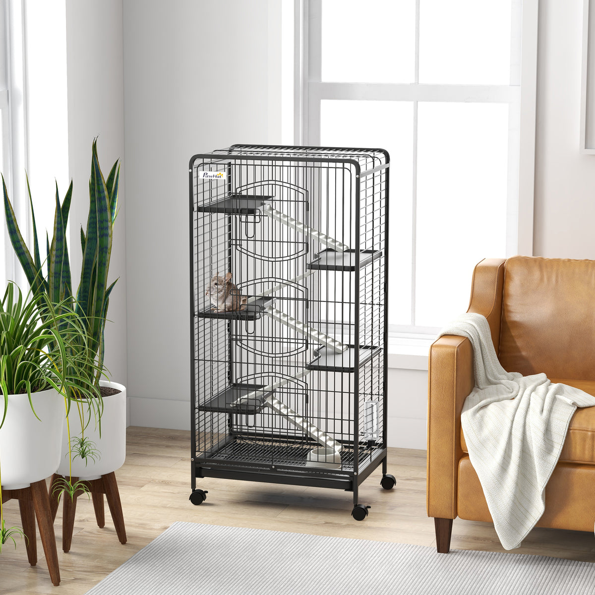 Pawhut Jaula Para Animales Pequeños De 6 Niveles Con Ruedas 61,5x44x131 Cm Negro_1