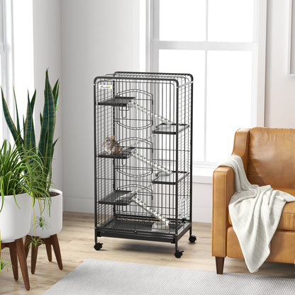 Pawhut Jaula Para Animales Pequeños De 6 Niveles Con Ruedas 61,5x44x131 Cm Negro_1