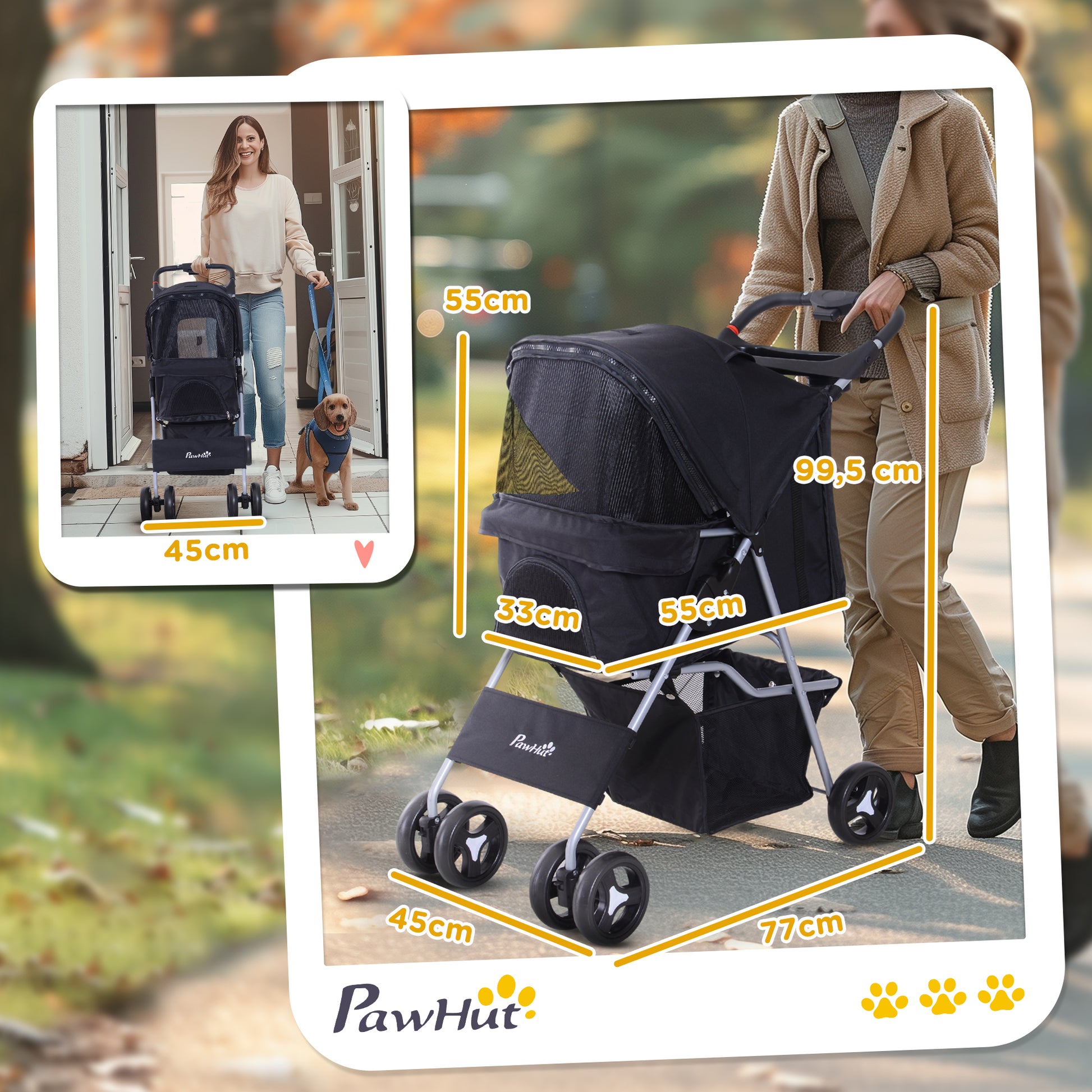 Pawhut Cochecito Para Mascotas Plegable Con Toldo Ajustable 77x45x99,5 Cm Negro_2