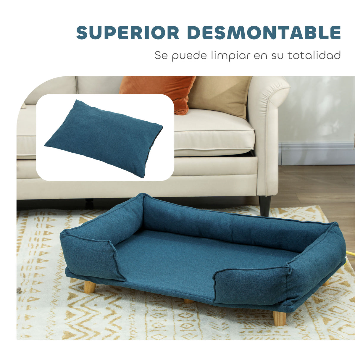 Pawhut Sofá Para Perros Grandes Con Cojín Lavables 96x66x24 Cm Azul_4