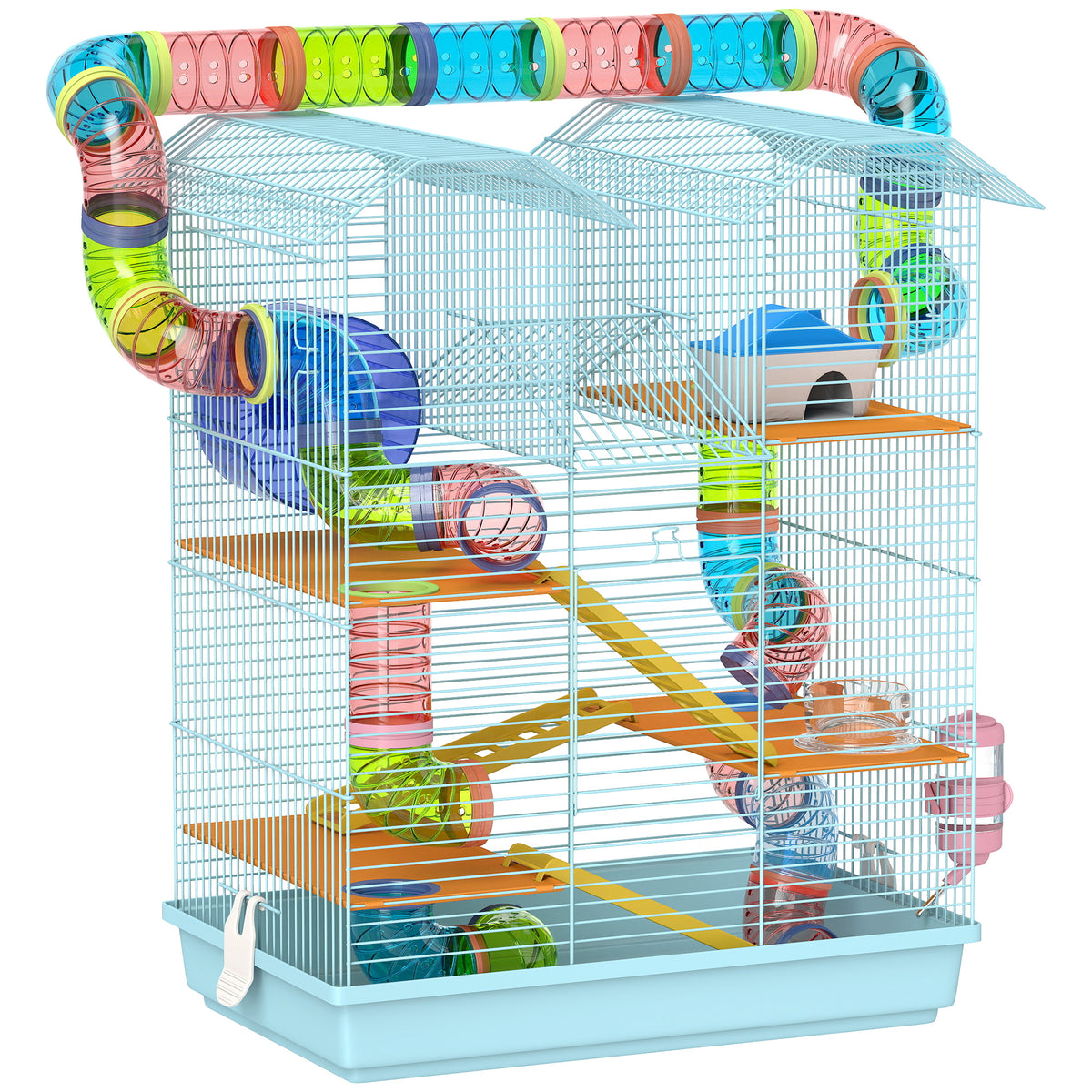 Pawhut Jaula Para Hámster Con Tubos Casita Rueda Plataformas 47x30x59 Cm Azul_0