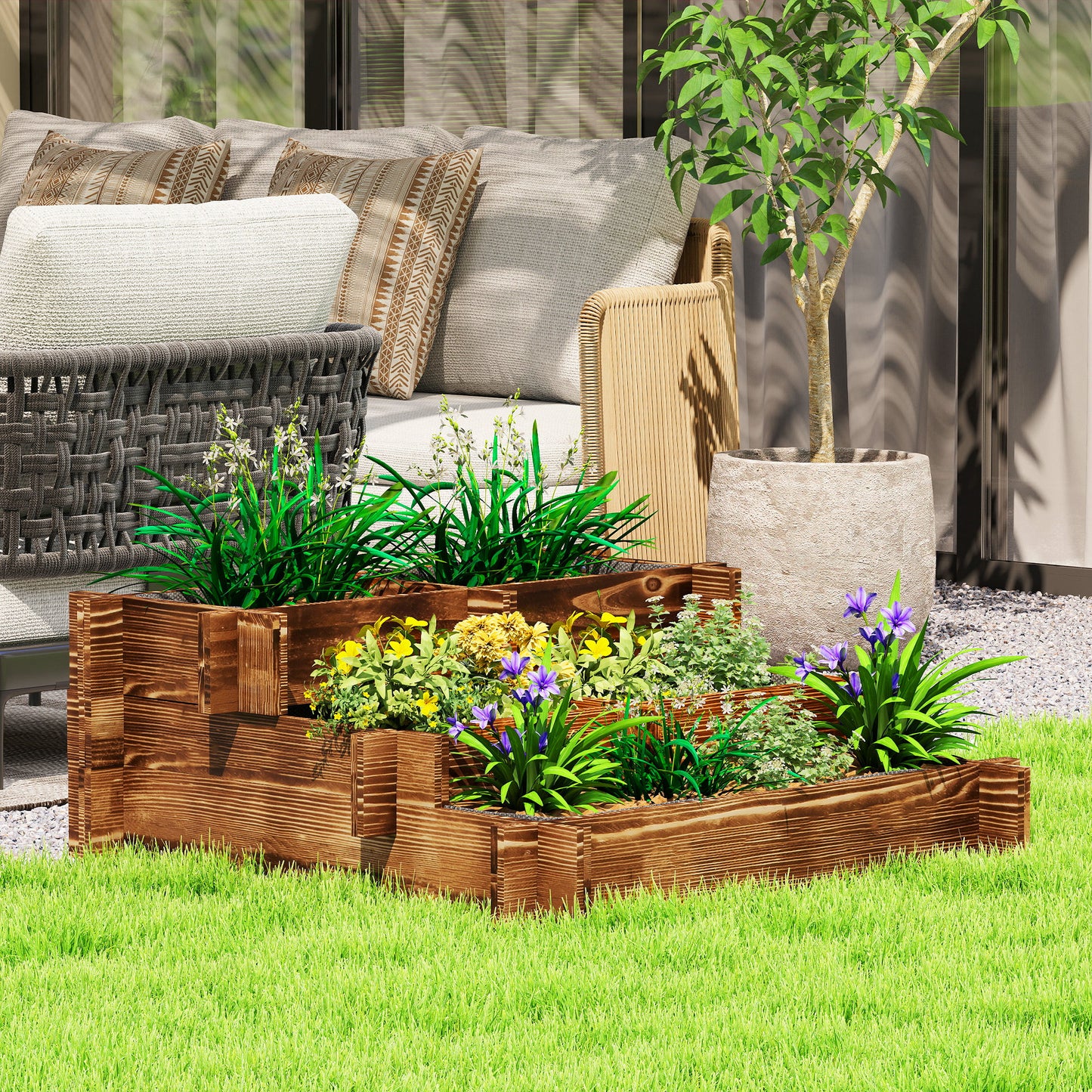Outsunny Jardinera De Madera Con Diseño De Escalera 93x93x35 Cm Carbonizado_1