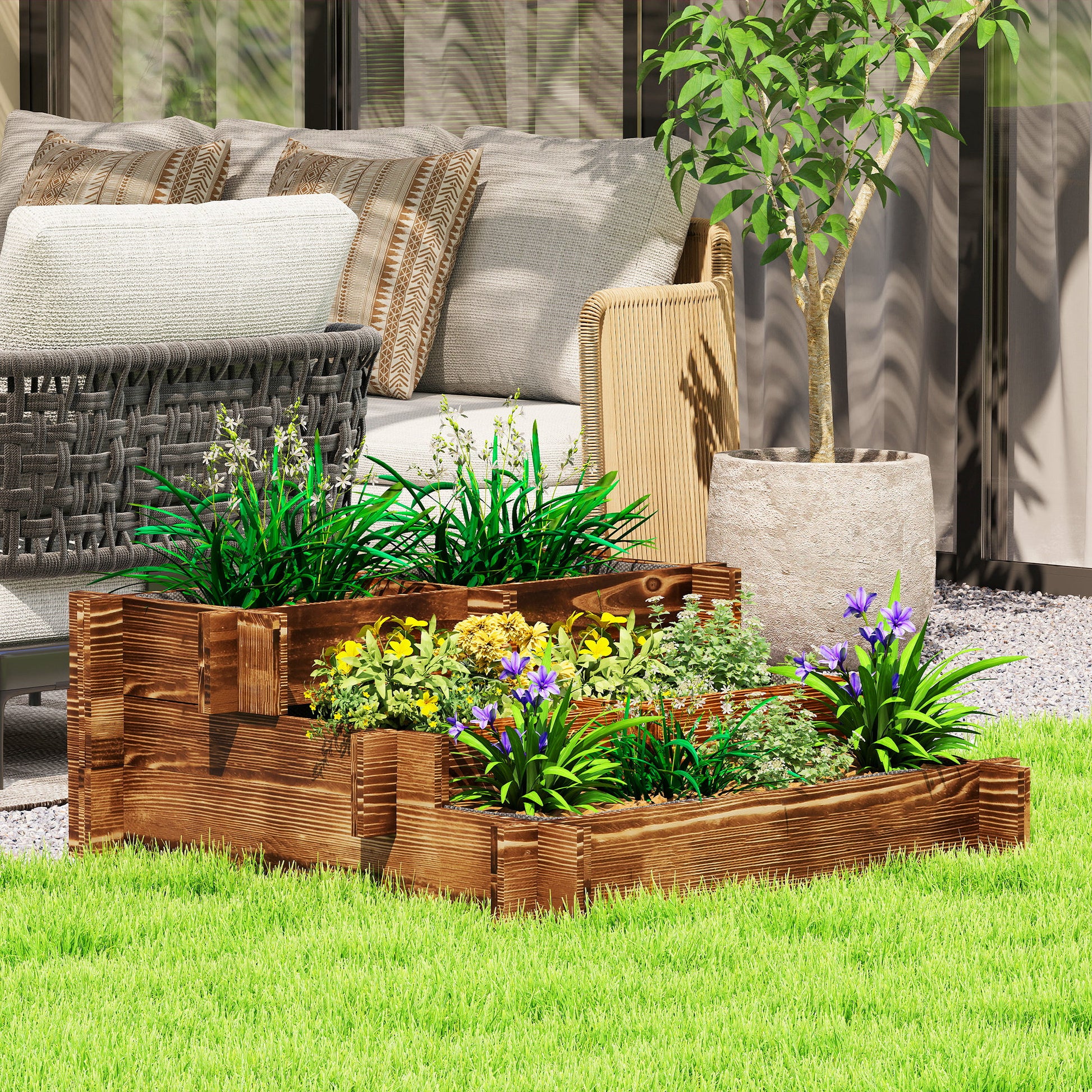 Outsunny Jardinera De Madera Con Diseño De Escalera 93x93x35 Cm Carbonizado_1