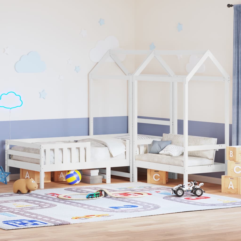 Set Cama Y Banco Con Techo Madera Maciza Pino Blanco 75x190 Cm_1
