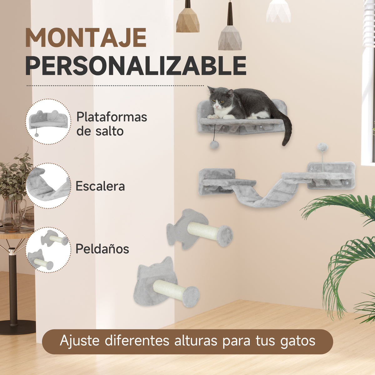 Pawhut Juego De Pared De Escalada Para Gatos De 4 Piezas Con Plataformas Gris_4
