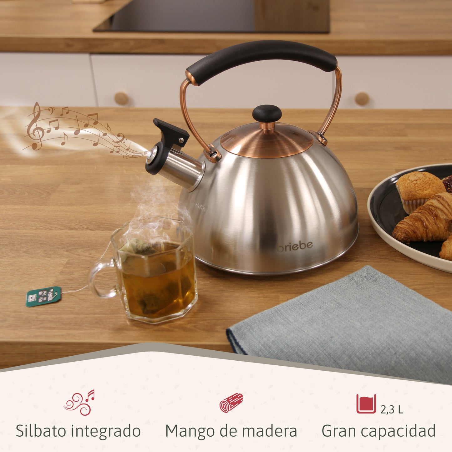 Briebe Tetera Con Silbato, Hervidor De Agua 2,3l, Inducción, Acero Inox, Vintage, Mango Cool Touch, I-bronze_1