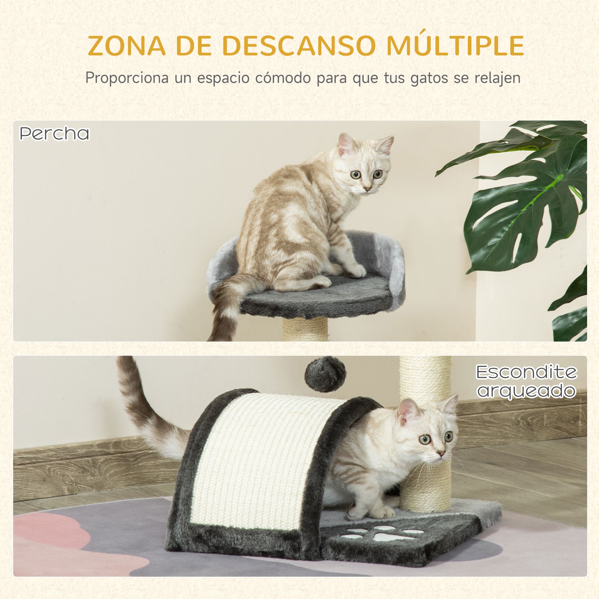 Pawhut Árbol Rascador Para Gatos 2 Niveles Con Poste Tablero Para Rascar Gris_5