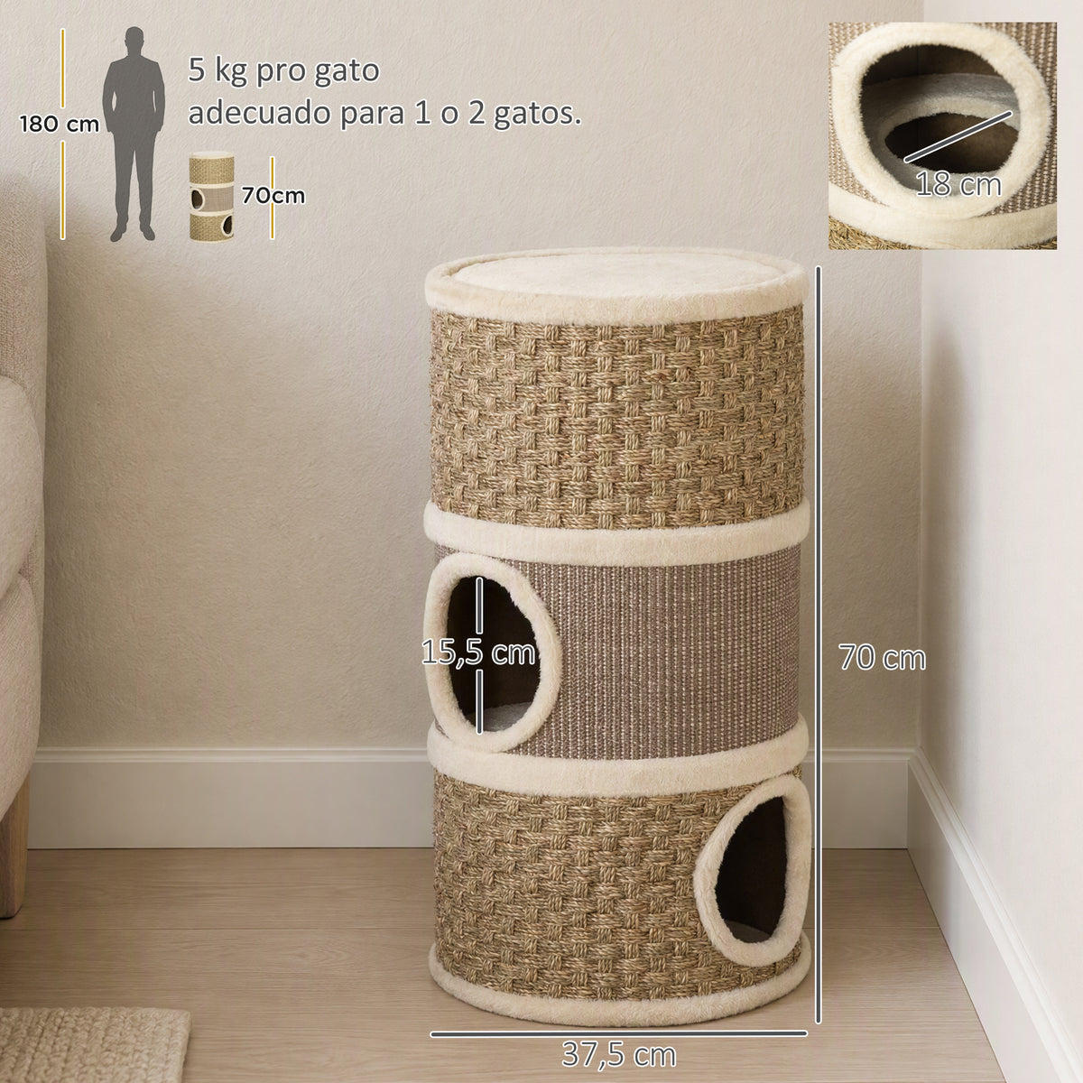 Pawhut Barril De Rascado Para Dormir Y Jugar Cama Cómoda Rascador De 3 Niveles_2