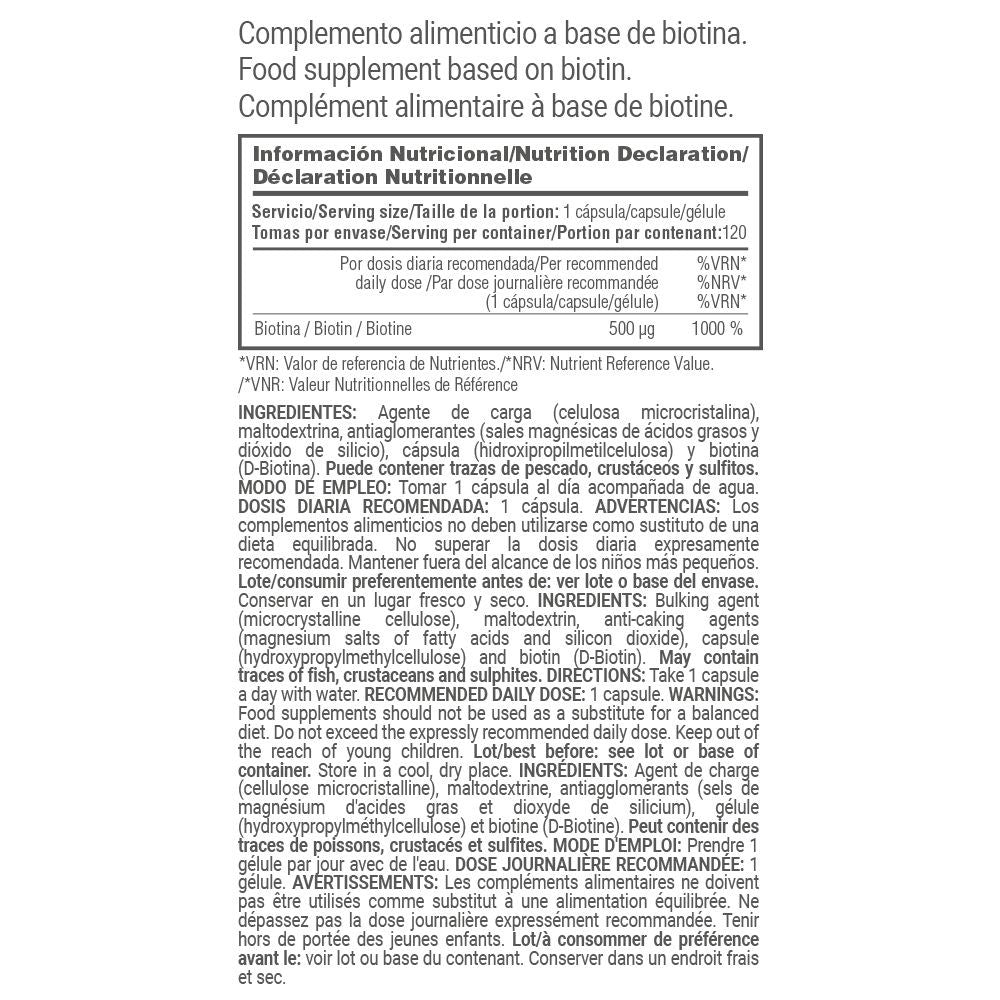 B7 Biotina 500μg - 120 Cápsulas Vegetales - Mejora La Salud De La Piel - Masmusculo_4