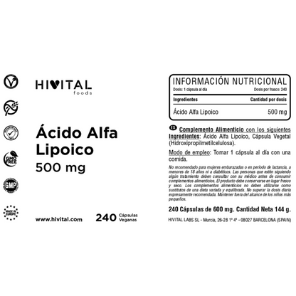 Ácido alfa lipoico 500 mg Hivital 240 cápsulas veganas
