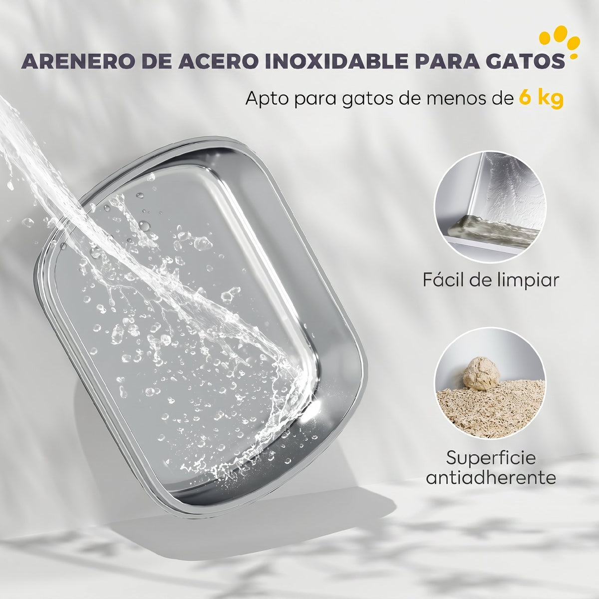 Pawhut Arenero Para Gatos De Acero Inoxidable L Con Tapa Abatible Gris Claro_3