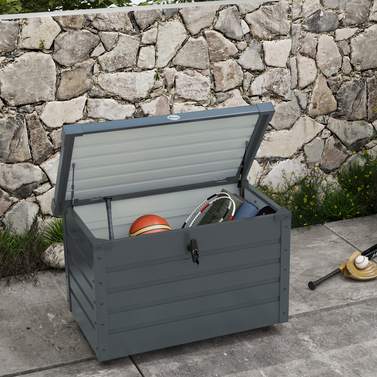 Outsunny Baúl De Almacenaje Exterior 295l Con 4 Ruedas 2 Asas 100x62x65 Cm Gris_1