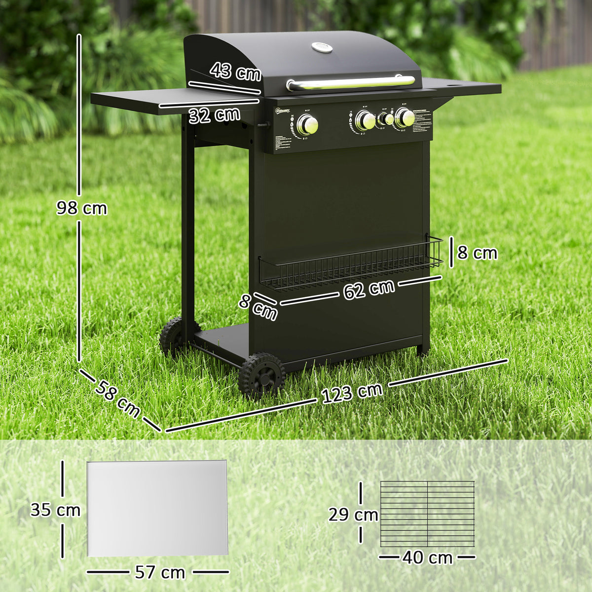 Outsunny Barbacoa De Gas Con 3+1 Quemadores 8,5 Kw Termómetro Mesa Lateral Negro_2