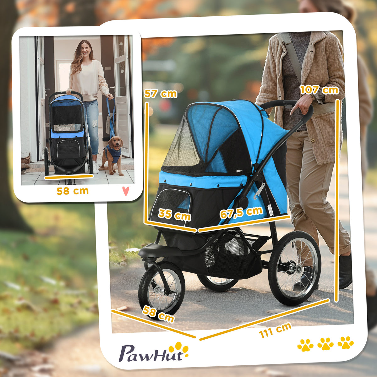 Pawhut Carrito Para Perros Plegable Con Cesta De Almacenaje 111x58x107 Cm Azul_2