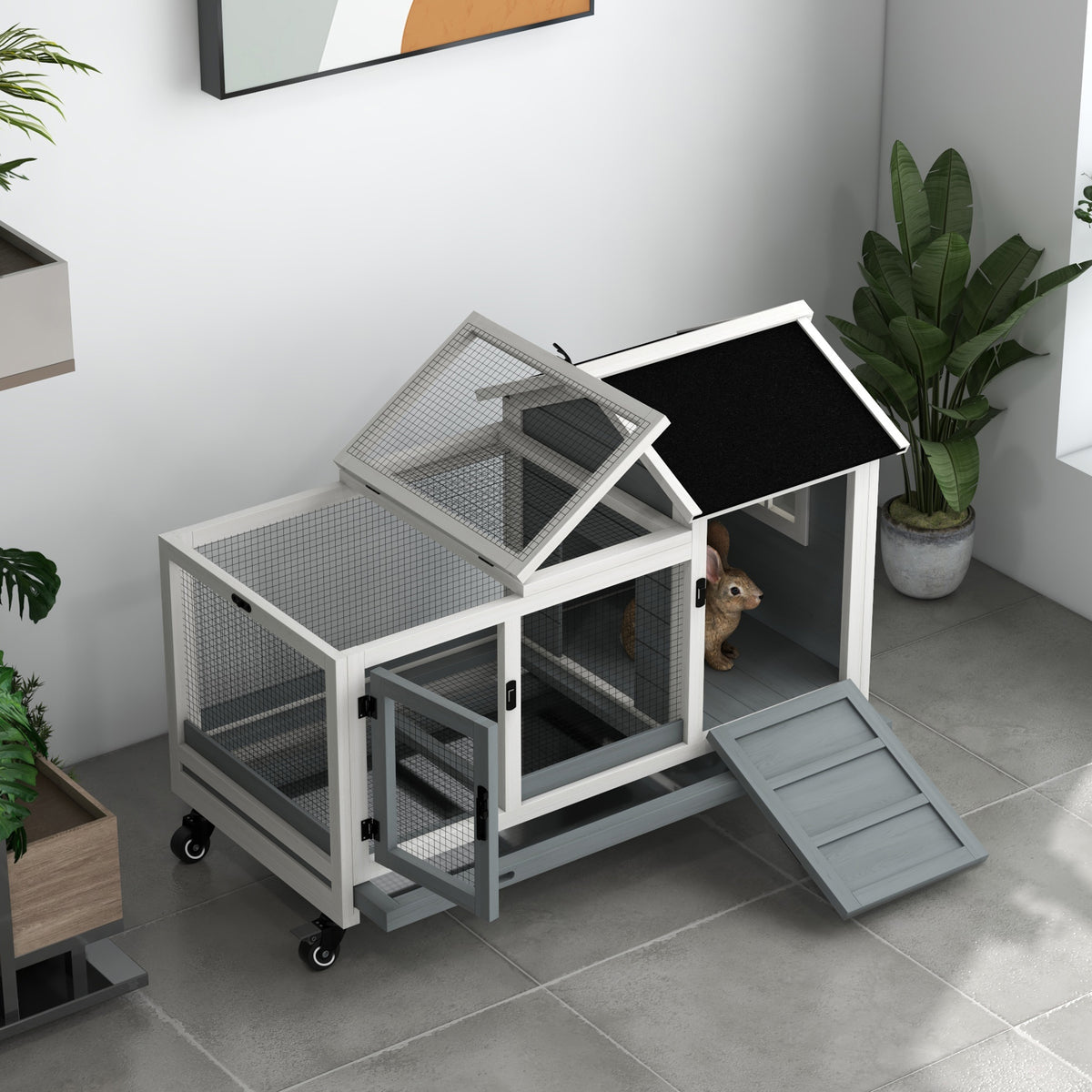 Pawhut Conejera De Madera Con Ruedas Techo Abatible 108x58x73,5 Cm Gris_4
