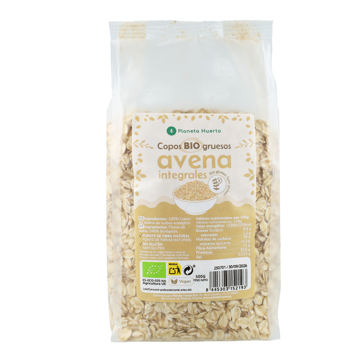 Copos de avena gruesos Sin Gluten ECO Planeta Huerto 500 g
