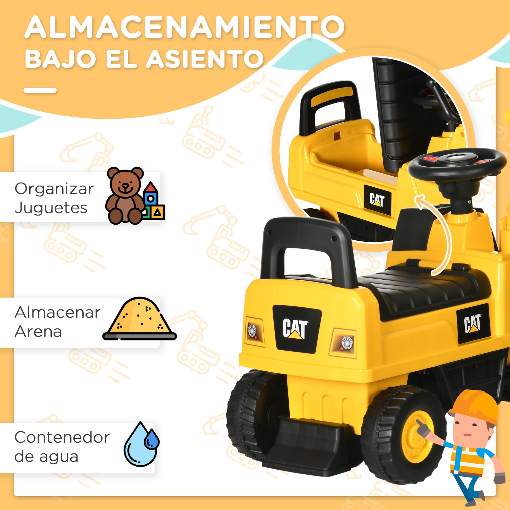 Homcom Excavadora Con Licencia Caterpillar Para Niños 85x27,5x47,5 Cm Amarillo_5