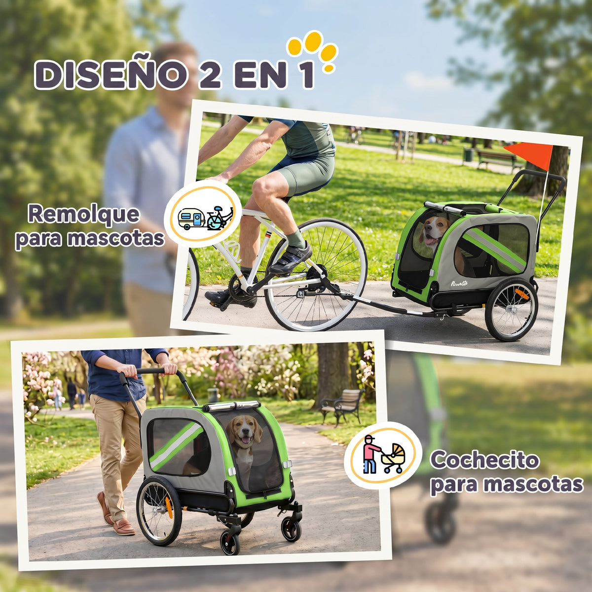 Pawhut Remolque De Bicicleta Para Perros 2 En 1 Con Arnés De Seguridad Verde_3