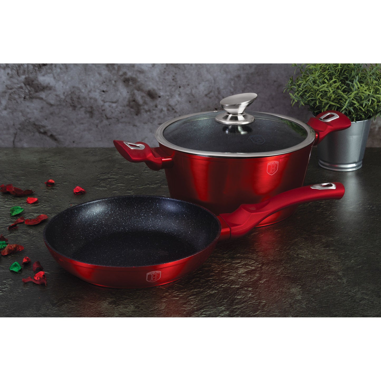 Batería De Cocina Aluminio Forjado Antiadherente Sin Pfoa, Set 2 Cacerolas, 1 Sartén, Tapas Berlinger Haus Burgundy Rojo_4