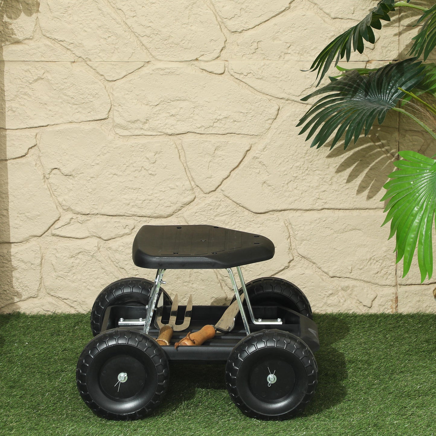 Asiento De Jardín Con Ruedas Con Bandeja De Herramientas Para Exterior Negro_3