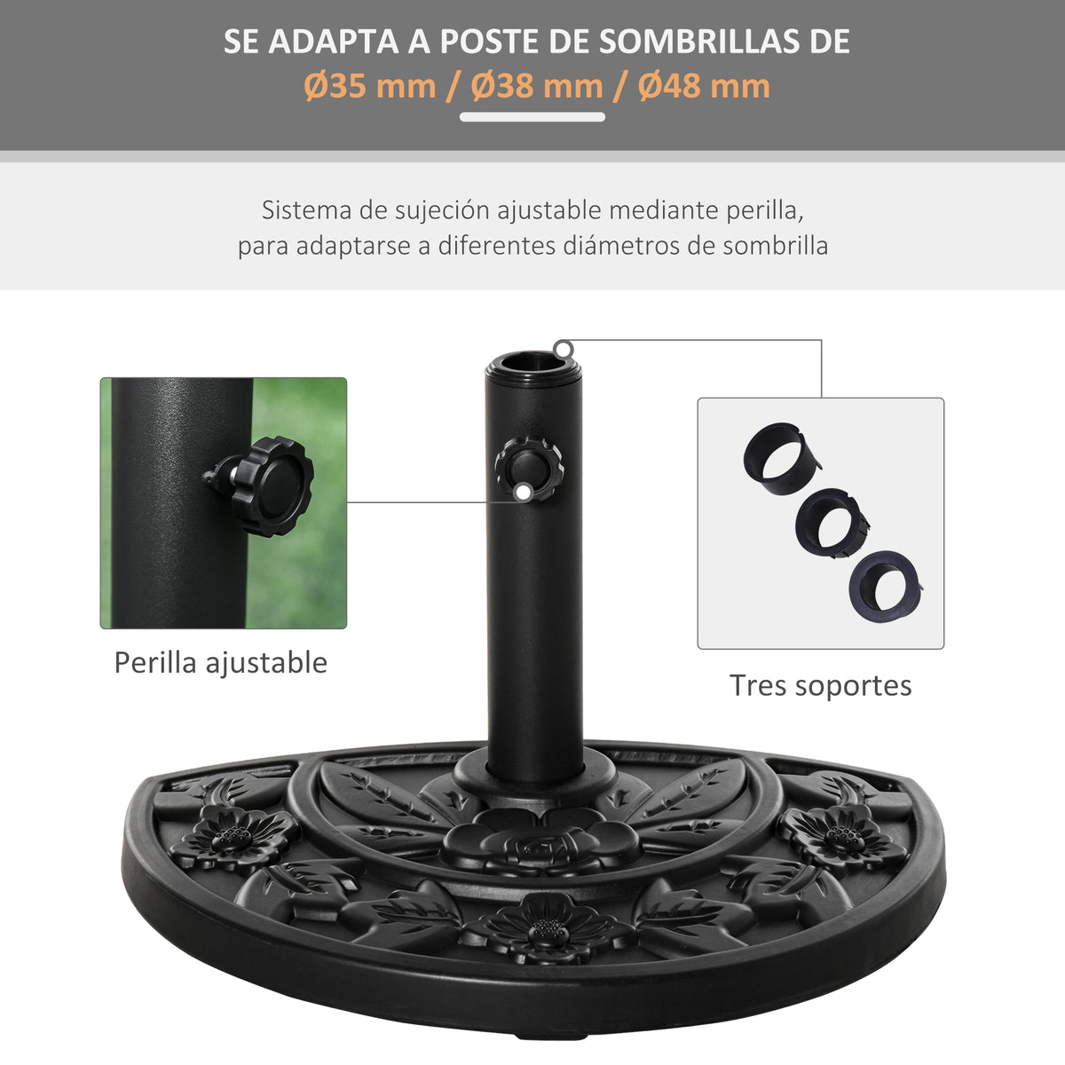 Outsunny Base Para Sombrilla Semicircular Peso 9 Kg Para Mástil 35mm/38mm/48mm_5