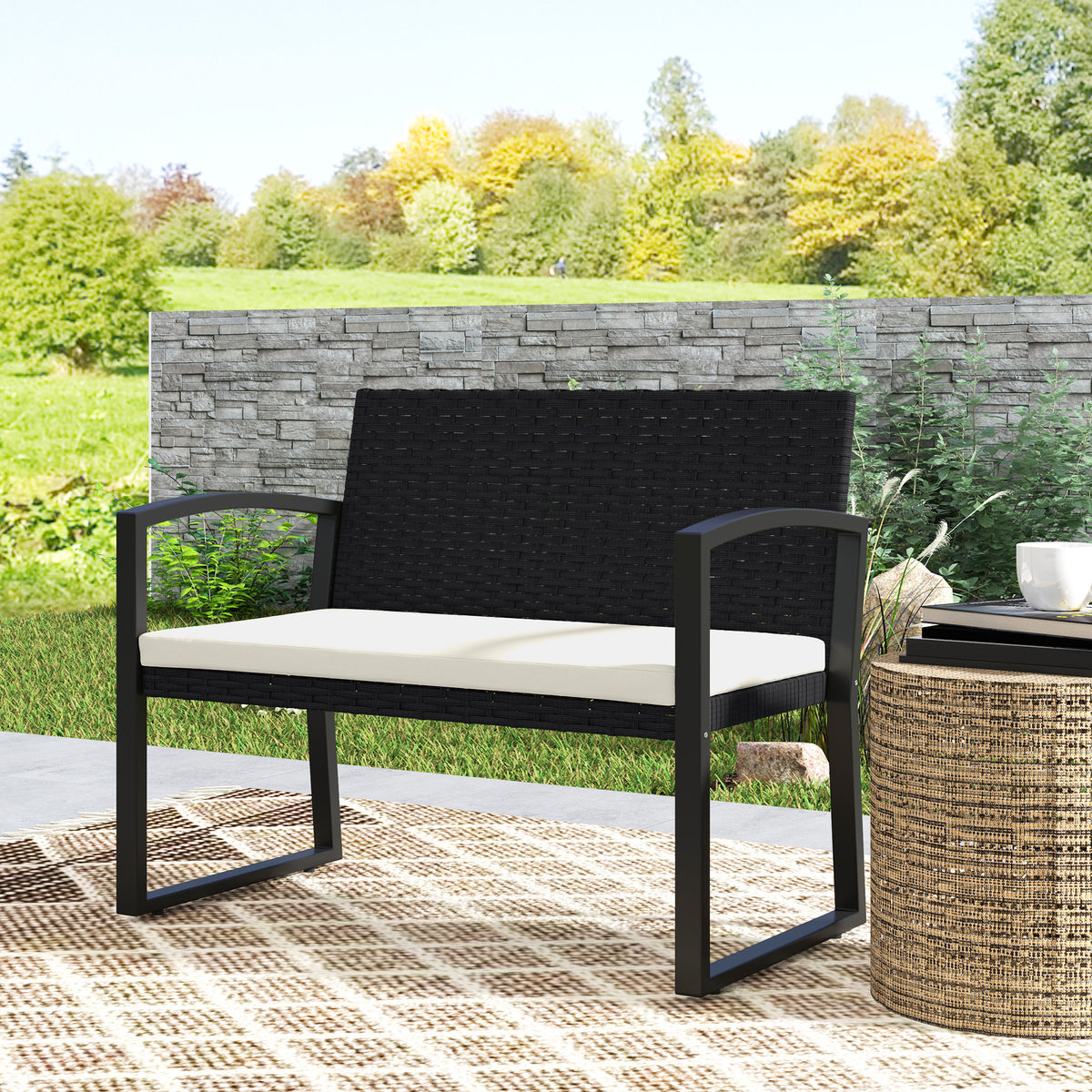 Outsunny Banco De Jardín De Ratán Sintético De 2 Plazas 103x58x78 Cm Negro Beige_3