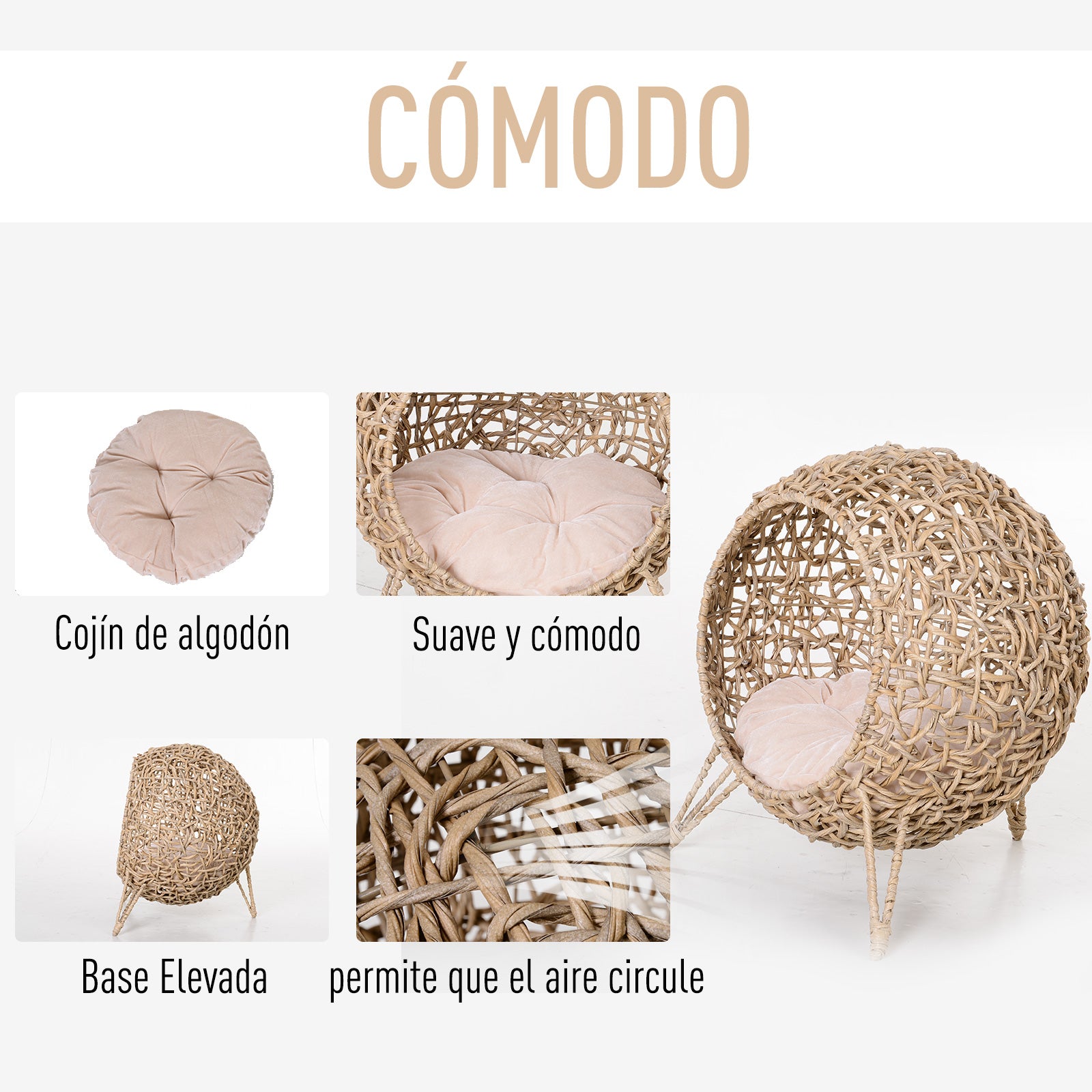 Pawhut Cueva De Ratán Con Cojín Para Gatos Base Elevada Con 3 Patas Φ52x58 Cm_5