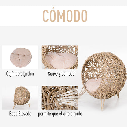 Pawhut Cueva De Ratán Con Cojín Para Gatos Base Elevada Con 3 Patas Φ52x58 Cm_5