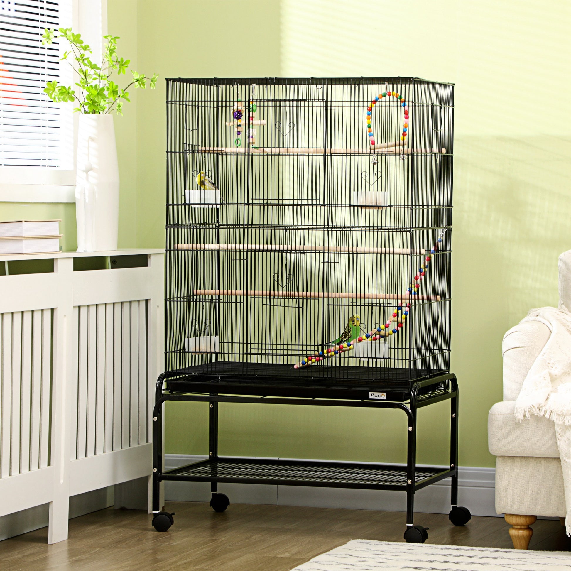 Pawhut Jaula Para Pájaros Con Ruedas 79x49x133 Cm Pajarera Metálico Negro_1
