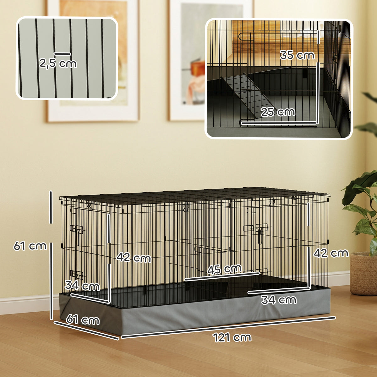 Pawhut Jaula Para Animales Pequeños 2 En 1 Con Tapa Removible 121x61x61 Cm Negro_2