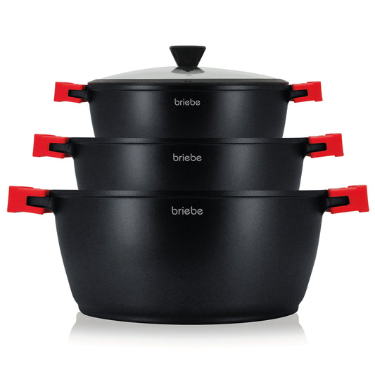 Briebe Batería Cocina Inducción Antiadherente Titanio, 6 Piezas Aluminio Fundido 3 Ollas Sin Pfoa Tapa, Blackt3, Negro_0