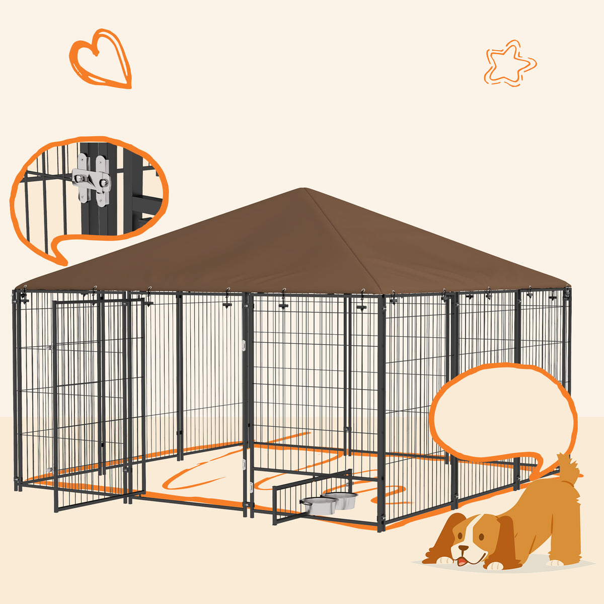 Pawhut Perrera Con Toldo Y 2 Cuencos Para Exterior 211x211x151 Cm Negro Y Café_3