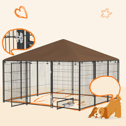 Pawhut Perrera Con Toldo Y 2 Cuencos Para Exterior 211x211x151 Cm Negro Y Café_3