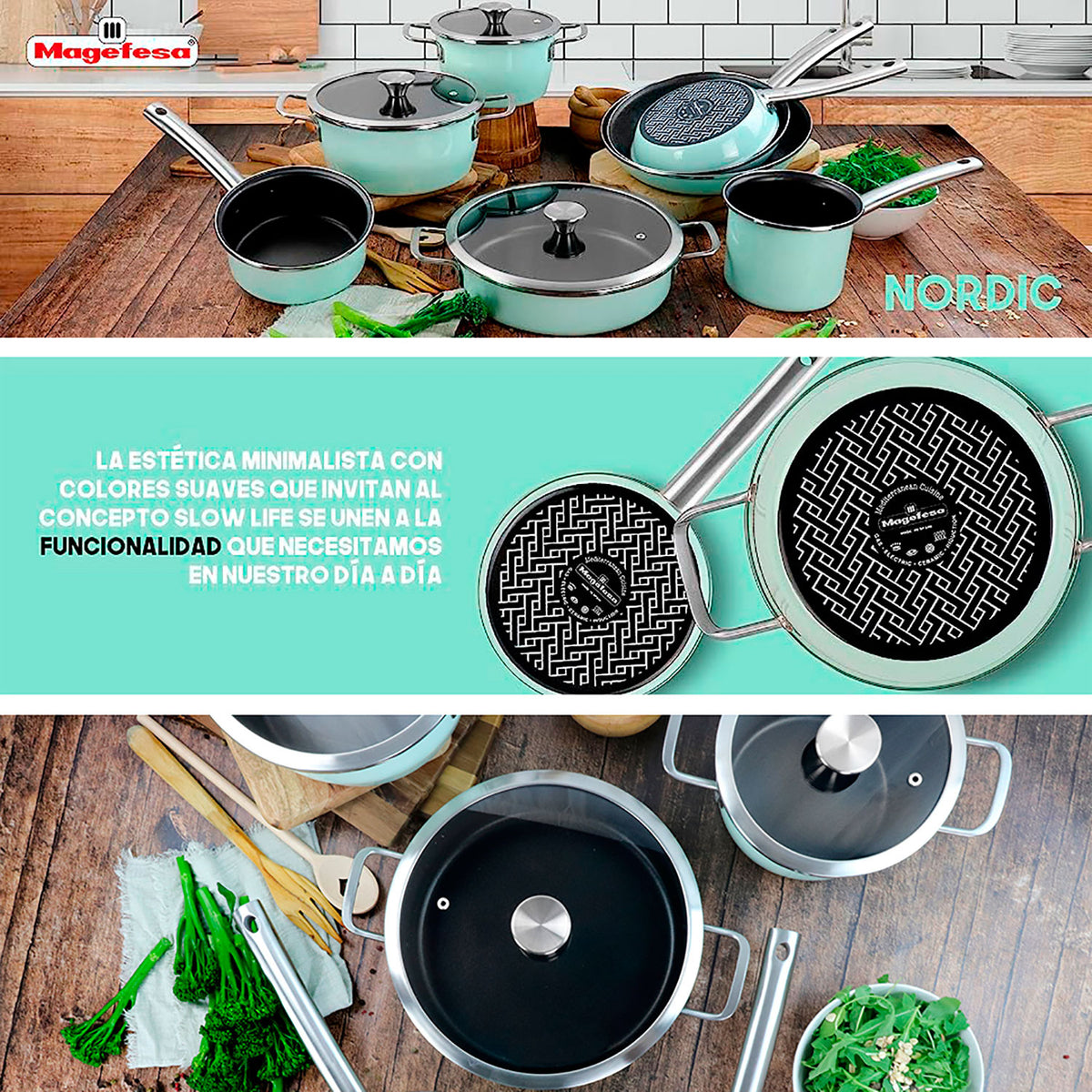 Batería Cocina Inducción 6 Piezas, Antiadherente Libre Pfoa Exterior Verde Menta Retro Vintage Magefesa Nordic, Verde_4